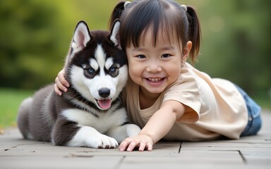 asian child playing with siberian husky puppy. High quality