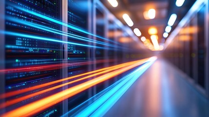 Futuristic server room with streaks of light