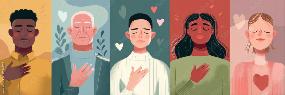 Poster visual reminders for emotional self-care featuring diverse individuals practicing mindfulness in a s