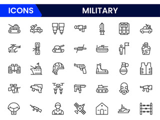 Striking vector web line icons depicting military, war, defense, strategy, weapons, and tactical operations for security and conflict scenarios.