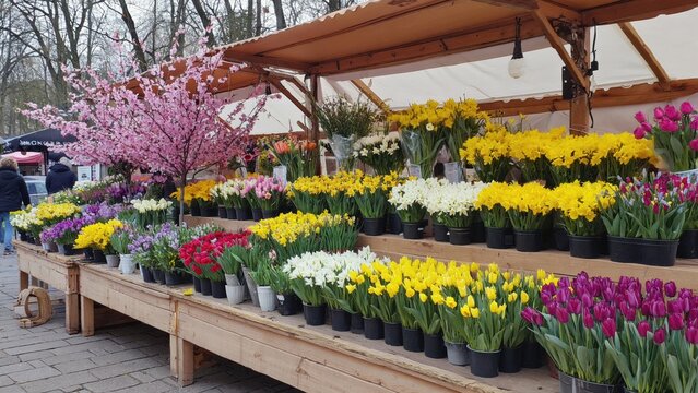 Colorful tulips daffodils and cherry blossoms on display at outdoor flower market in spring season - Powered by Adobe