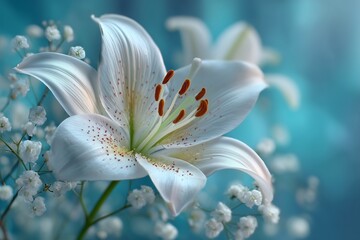 Pure white lily on a soft blue glowing background, spring renewal theme, peaceful and elegant floral aesthetic