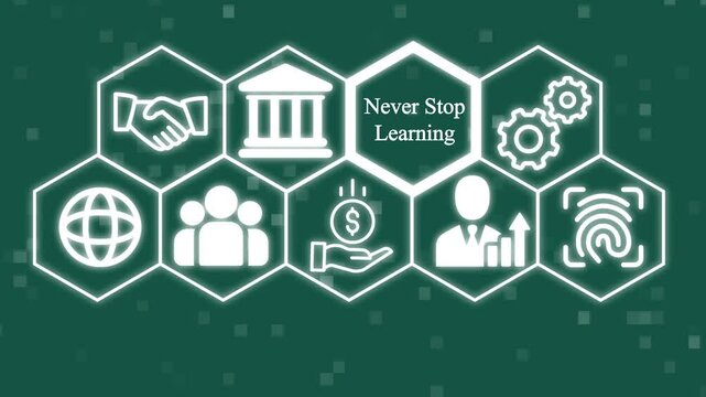 Never stop learning Interface with Glowing Technology and Business Icons. Business and Finance Icons