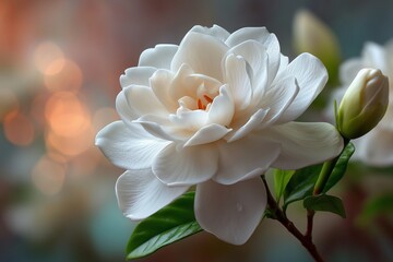 Pure white gardenia with lush petals on a soft glowing backdrop, elegant and timeless floral photography