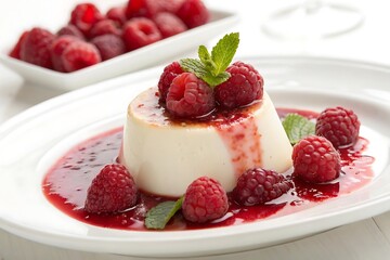 White plate with a dessert topped with raspberries and a mint leaf