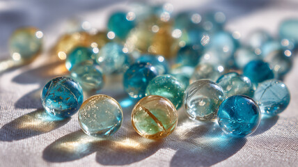 青ガラスビー玉自然光マクロ