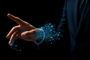 Fototapeta premium AI generated businessman hand reaching into digital space with glowing blue circuit lines emerging from fingertips symbolizing technology control innovation and human machine integration