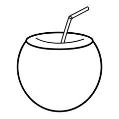 Coconut drink line art vector with straw and umbrella, ideal for tropical summer designs, vacation posters, and beach-themed digital artwork.