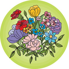 Abstract bouquet flower with leaf on green circle background.