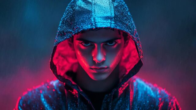 suspicious man in black leather hoodie at raining outdoor, villain looking at camera 