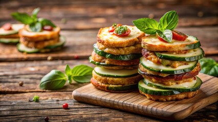A stack of crispy zucchini pizza bites on a wooden table with a rustic background and a few slices of fresh mozzarella cheese