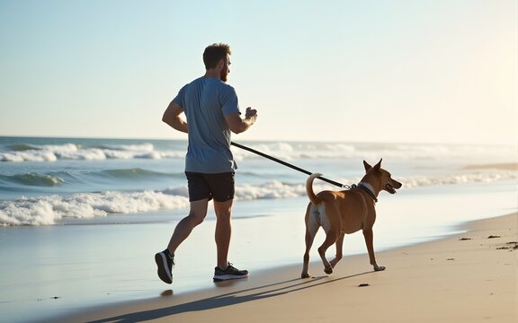 Workout, man and walking with dog at beach for fun adventure, wellness training and bonding with companion. Mockup, owner and pet on leash by ocean for cardio exercise, fresh air and exploring nature