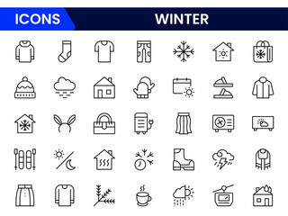 Chilly vector web line icons depicting winter, snowflakes, ice, scarves, and cozy seasonal elements for frosty adventures and warmth.