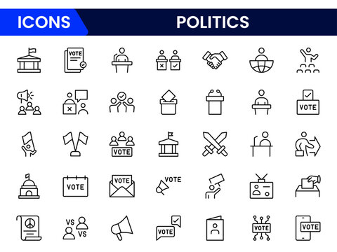 Bold vector web line icons depicting politics, elections, governance, campaigns, and civic engagement for democratic processes and leadership.