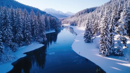 Serene Winter Landscape with River and Snow-Covered Pine Trees