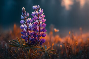 Purple lupine wildflower standing tall on a misty golden hour backdrop, natural and rustic floral photography