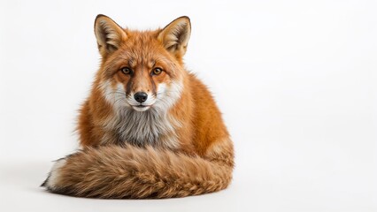 Obraz premium A red fox rests calmly, its bushy tail curled beneath it, against a plain white background.