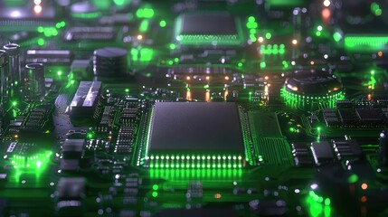 Fototapeta premium Abstract Green Technology Circuit Board with Glowing Components