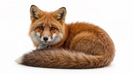 A red fox rests, its tail curled around its body, against a plain white background.