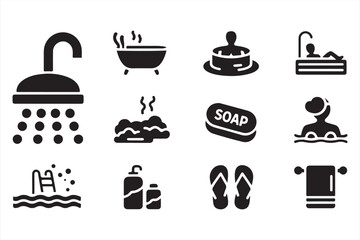 Modern bath and spa icon set – bold black vector pack of hygiene and wellness symbols