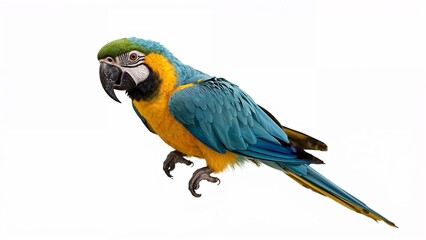A vibrant blue and yellow macaw parrot perched against a clean white background.