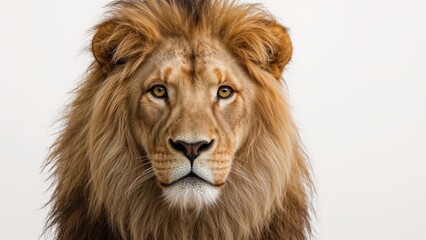 Fototapeta premium Majestic lion portrait with a full mane, looking directly at the viewer with a neutral expression.