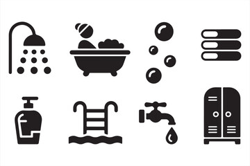 Black glyph bathroom icons – showers, tubs, soap and hygiene vector illustrations