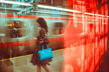 A woman walks through a subway station, holding a blue handbag, waiting for a red train to pass. Photo taken from above, with a blurred background	