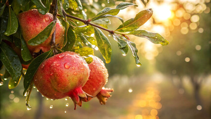 Pomegranate on tree with water drop in garden, Pomegranate tree in natural with warm sunlight background