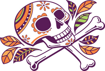 Skull and Crossbones Illustration Design. Horror Skull and Bones Composition Art. Creepy Skull with Bone Elements Design. Halloween Skull and Skeleton Bones Graphic. Grunge Skull and Crossbones Layout