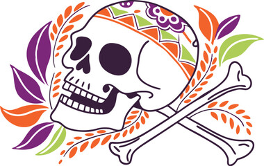 Skull and Crossbones Illustration Design. Horror Skull and Bones Composition Art. Creepy Skull with Bone Elements Design. Halloween Skull and Skeleton Bones Graphic. Grunge Skull and Crossbones Layout