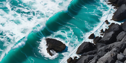 Aerial View of Waves Crashing on Rocky Coastline

