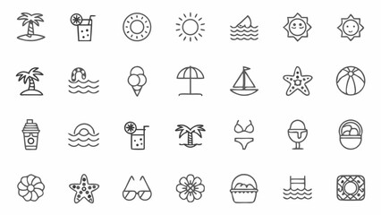 Collection of summer themed icons including palm trees, drinks, and beach related objects in outline style