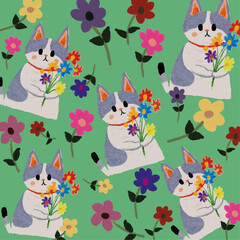 seamless pattern with cats and flowers