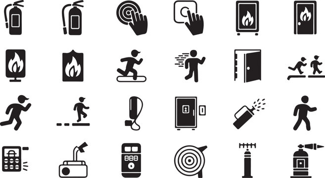Silhouette fire safety icon set – emergency equipment, alarms, signage and evacuation plan