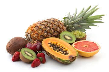 Variety of fruits and vegetables including a kiwi, a pineapple, a strawberry