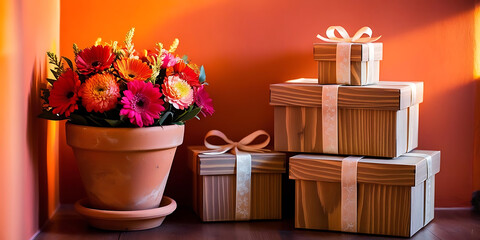 Gift Boxes and Flower Bouquet Against Orange Wall

