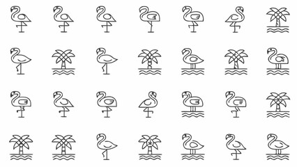 Collection of flamingo and palm tree icons in a grid pattern showing various poses and settings of each item