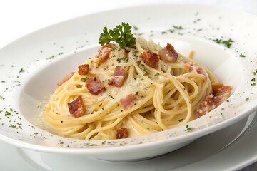 Plate of pasta with bacon and cheese