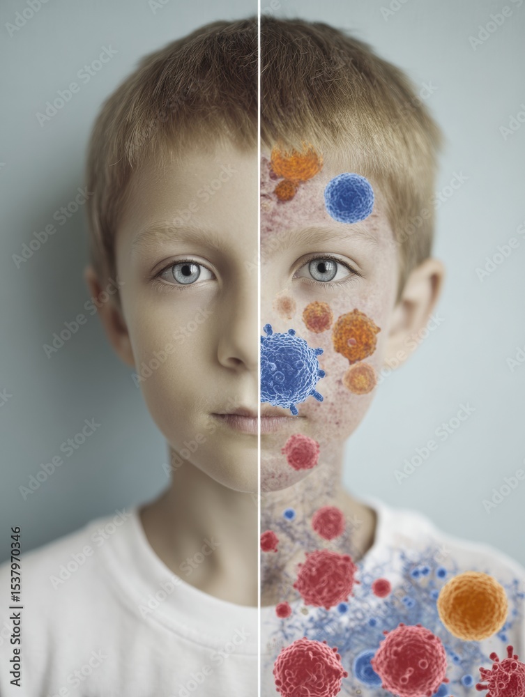 Aufkleber Visual Comparison of Leukemia and Lymphoma in Children Showcasing Cellular Differences in a Split Image Format