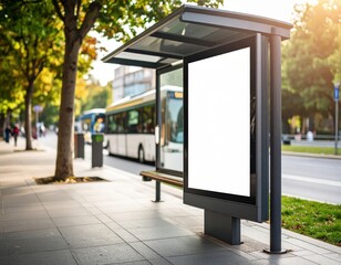Modern bus stop with blank advertising billboard on a city street during daytime