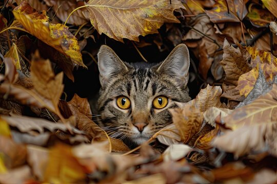 A Pixiebob cat playing hide and seek in an autumn leaf pile.