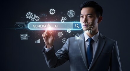 Future Visionary: Man Navigating Generative Tech, Innovation Hub, Digital Transformation, AI-Powered Solutions, Smart Data Analysis, Tech Foresight and Growth.