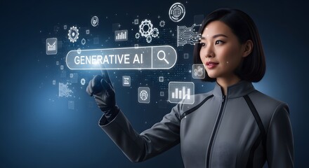 Futuristic Interface: Woman Navigating Digital Innovations, Exploring New Horizons of Connectivity and Technological Advancement in a Dynamic World.