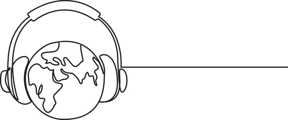 Continuous line drawing of headphones with global. earth listening to musical headphone vector illustrations. The design concept of music and podcasts, audio, sound, DJ, earphones, and radio, Vector