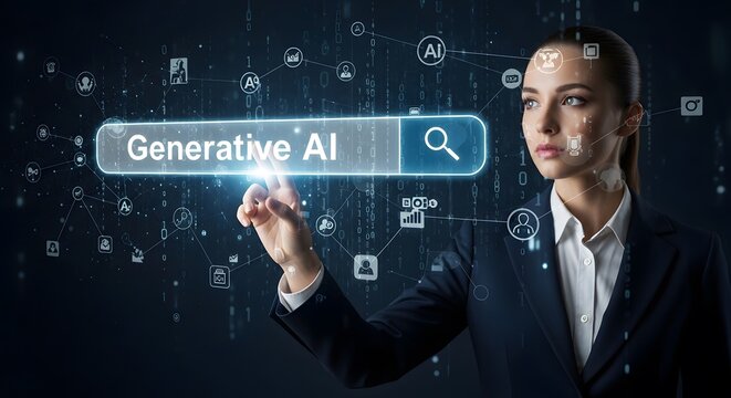 Data Streams Unleashed: Woman Navigating Future Tech, Visualizing Algorithmic Innovation and Strategic Solutions for Business Advancement and Growth.