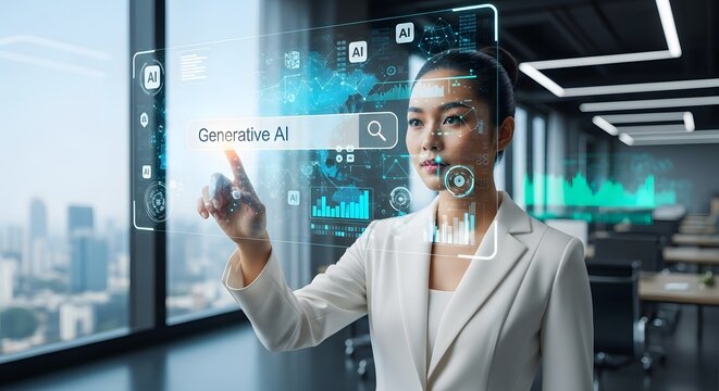 Futuristic Businesswoman Navigating Innovation. Embracing Digital Transformation, Leading Innovation, Charting Success, Inspiring Excellence, Generative AI