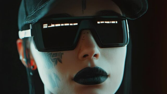 close up face young Caucasian woman wearing black glasses with cap and black lip makeup street punk unique fashion 