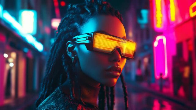 portrait futuristic theme, black African woman deadlock hairstyle wearing neon light glasses against city street colorful bright light 