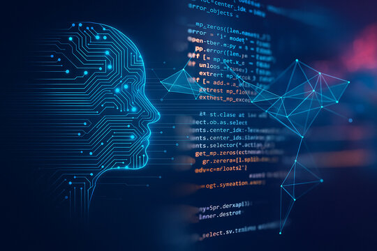 AI generated digital artwork depicting a human face made of circuit lines merging with flowing source code and neural network elements representing artificial intelligence and data processing